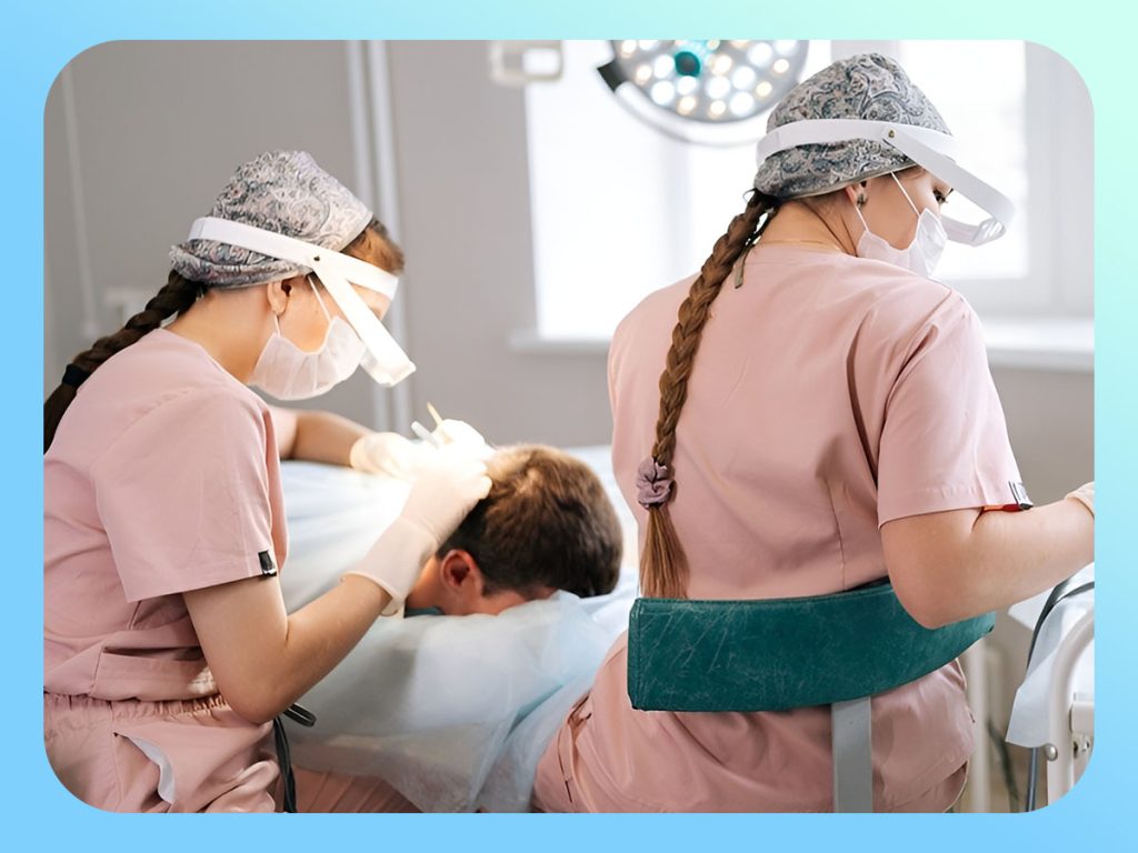 Expert doctor examining patient for Unshaven FUE hair transplant at Clinicana Clinic in Acibadem Hospital Istanbul