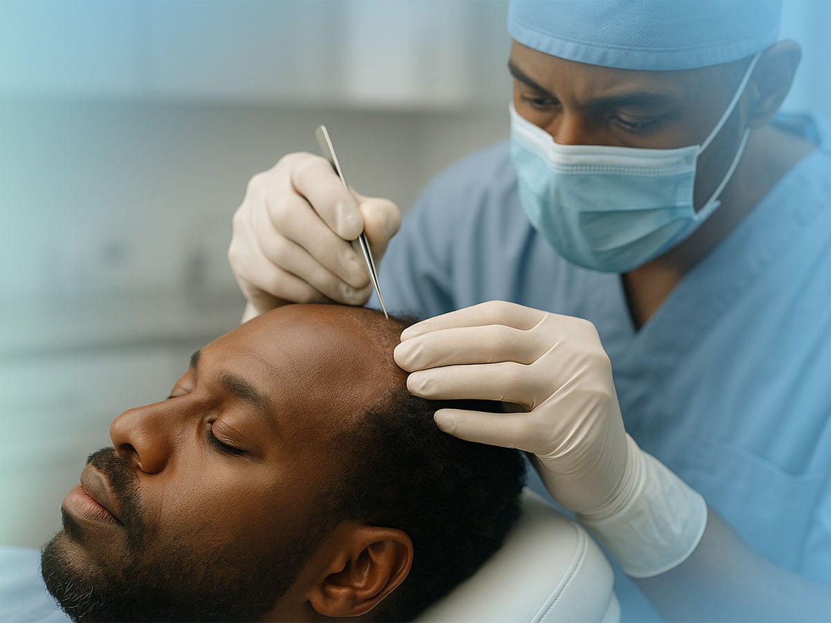 Hair transplant surgeon working on tightly coiled Black hair using FUE