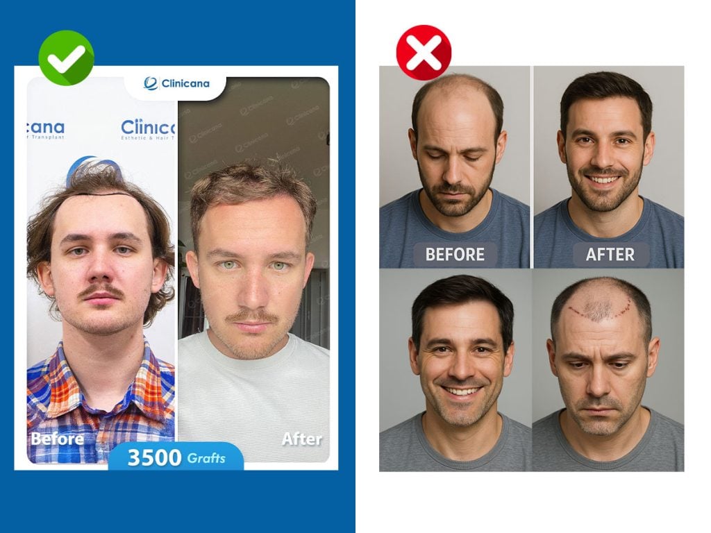 Real vs fake before/after photo sets showing lighting, angles, timestamps, and expressions