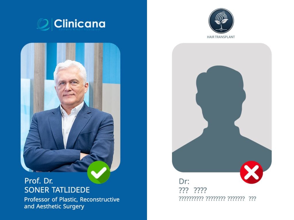 Checklist comparing real vs fake surgeon profile: credentials, ISHRS ID, video consult offered