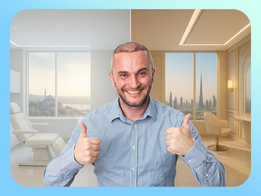 Visual comparison of Turkey vs UAE hair transplant experience, showing clinic setting, patient, and cost contrast