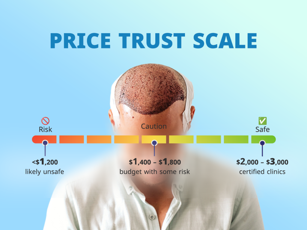 Hair transplant price scale showing trust levels by budget range in Turkey