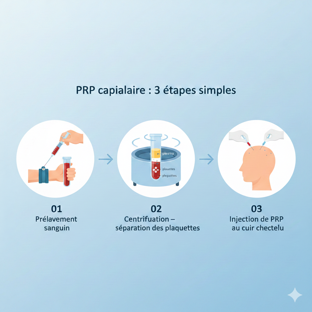 Infographie PRP capillaire en 3 étapes : prélèvement sanguin, centrifugation (séparation des plaquettes) et injection de PRP dans le cuir chevelu.